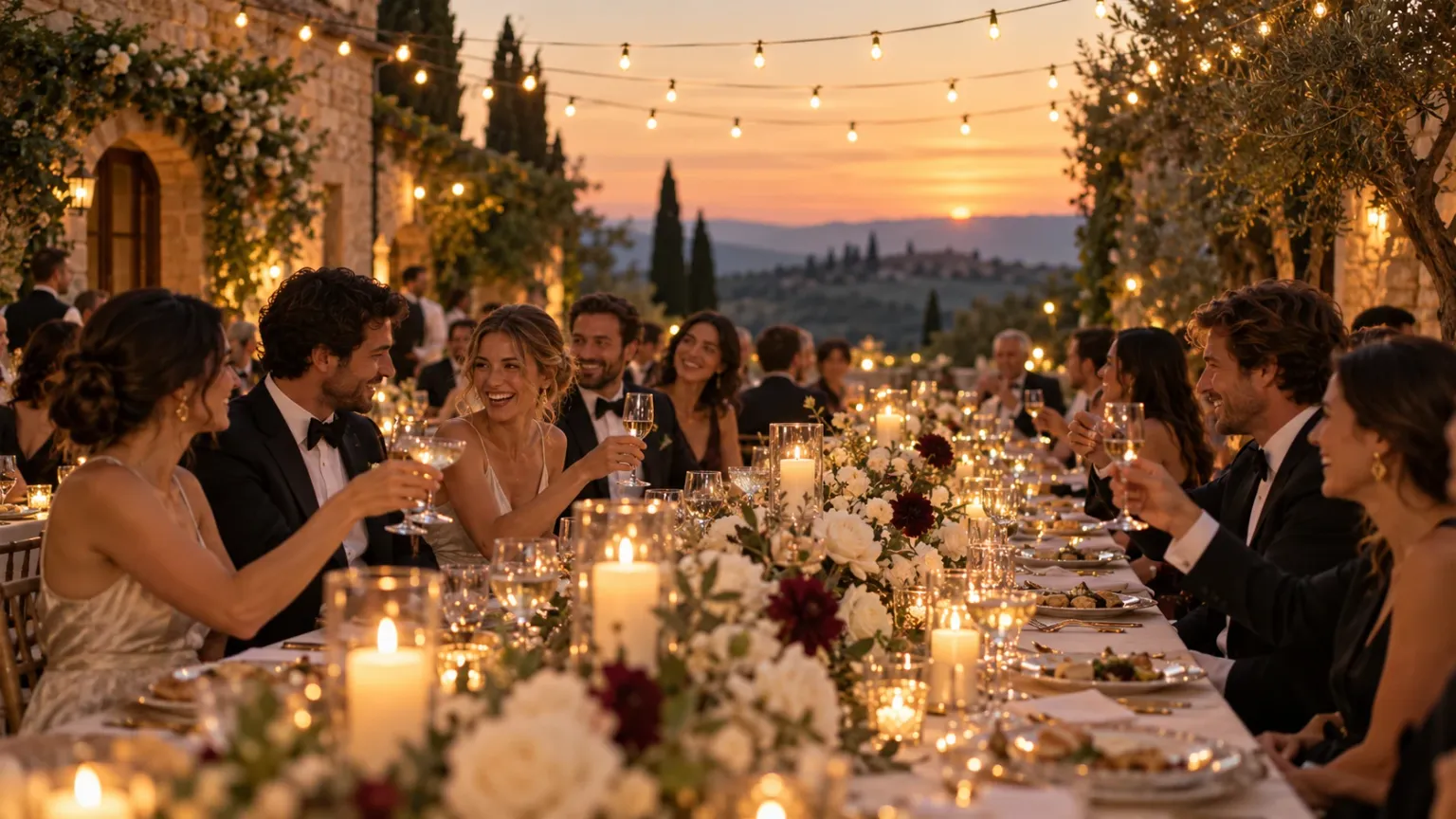 An atmospheric wedding party under warm string lights