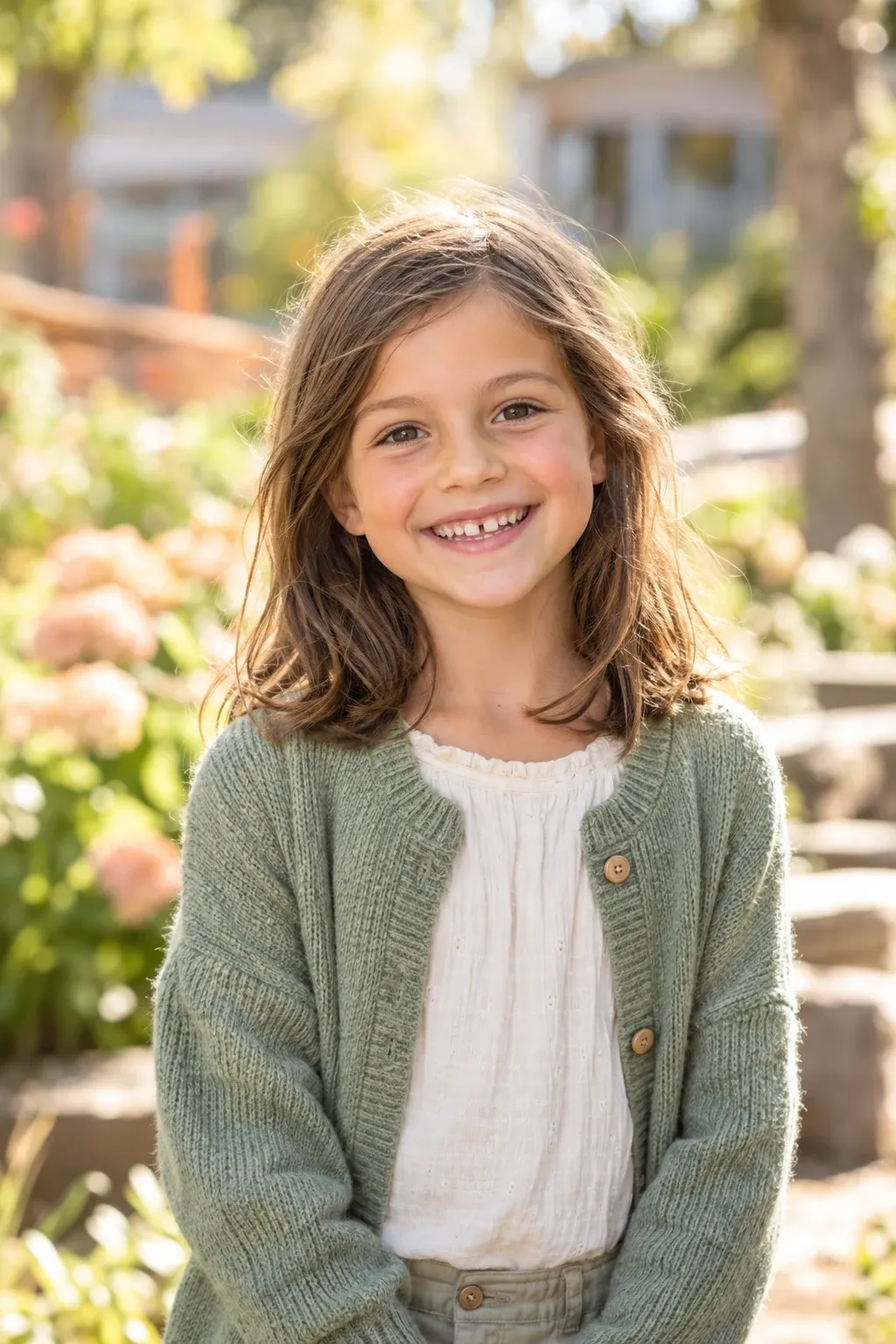 Smiling school child with a gap in her teeth in a green cardigan in the garden