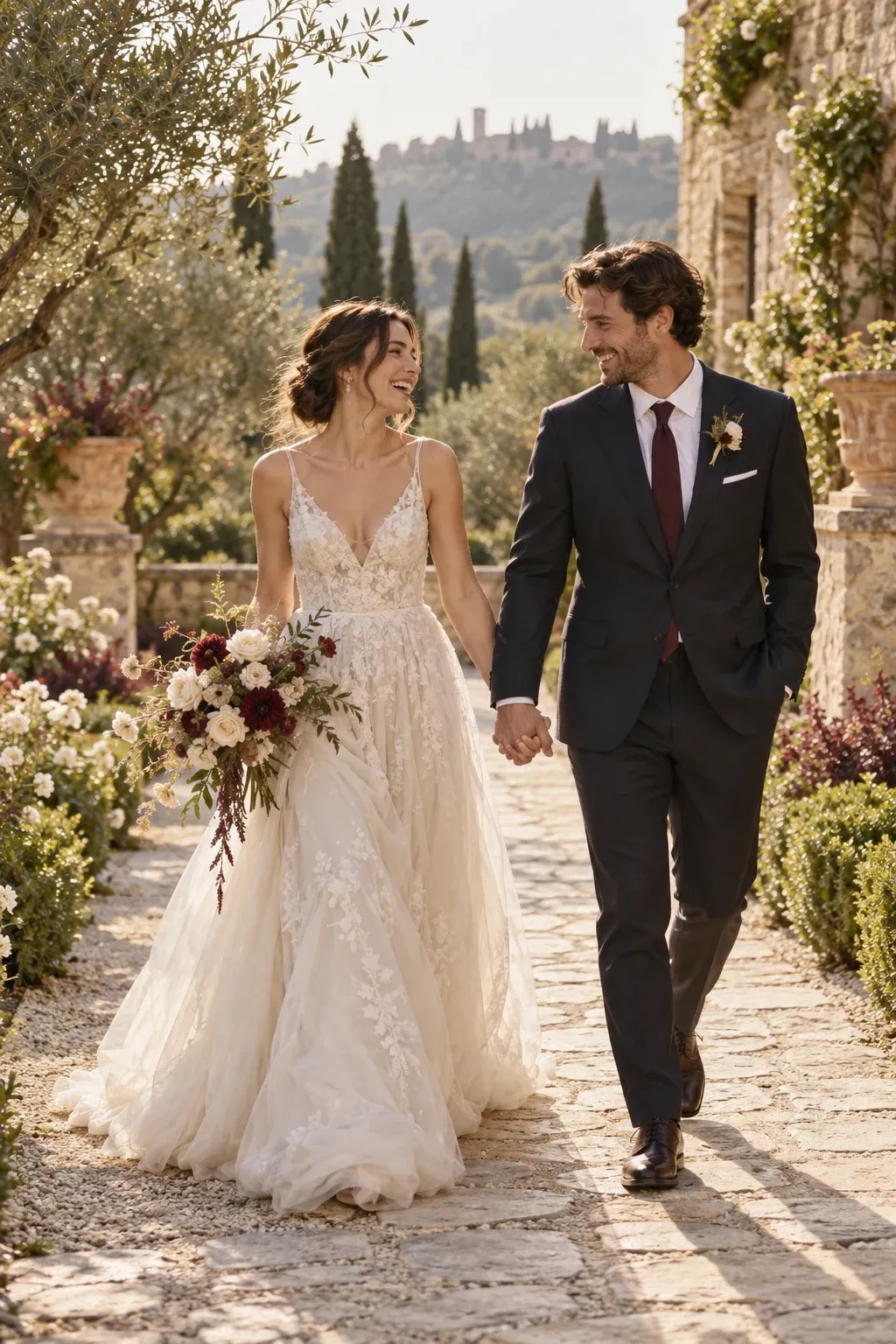 A newly married couple walking and laughing through a garden