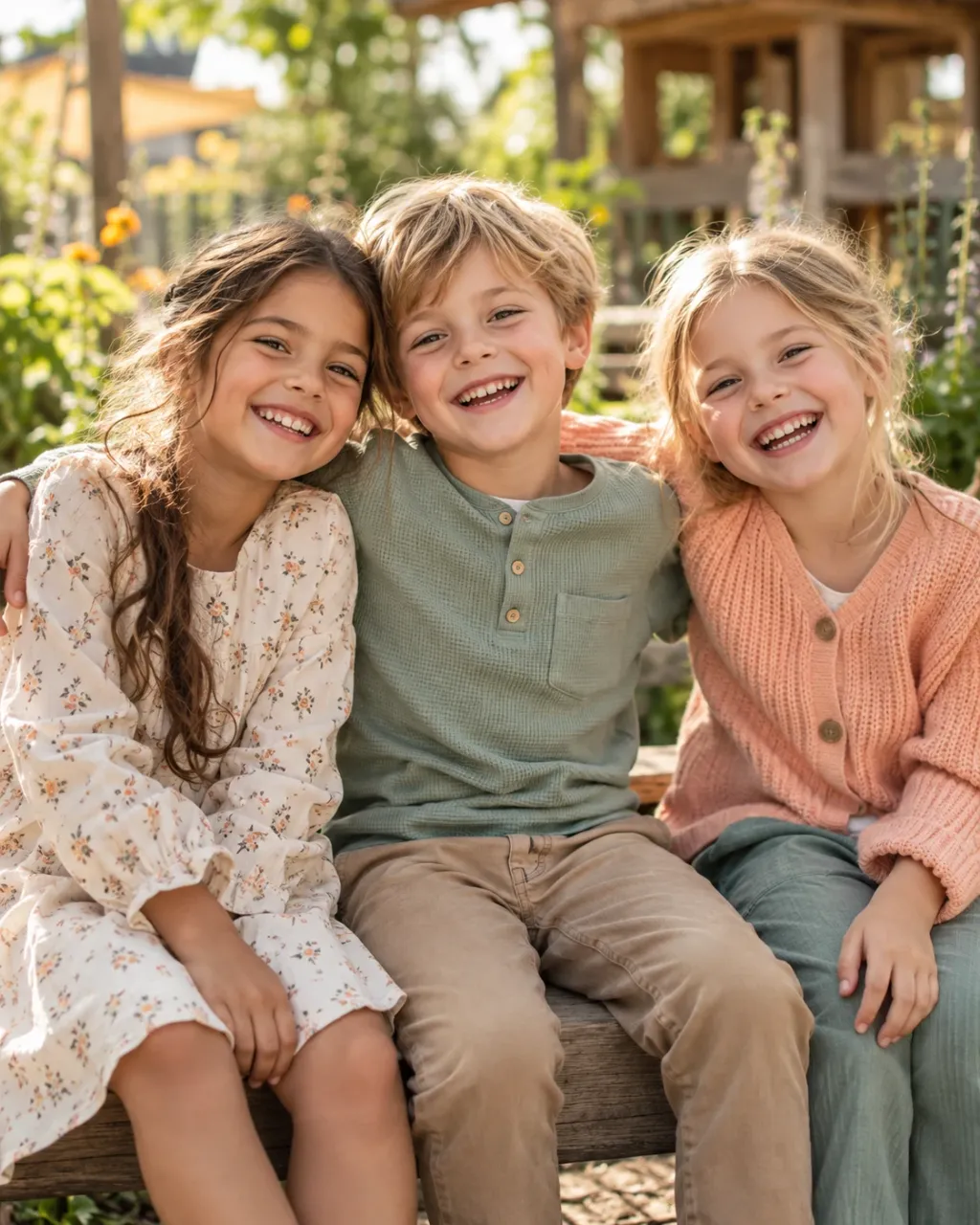 Three friends laughing together on a garden bench