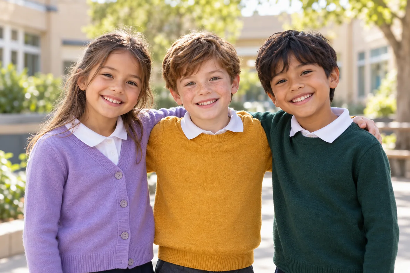 Three children smiling together in a sunny school courtyard