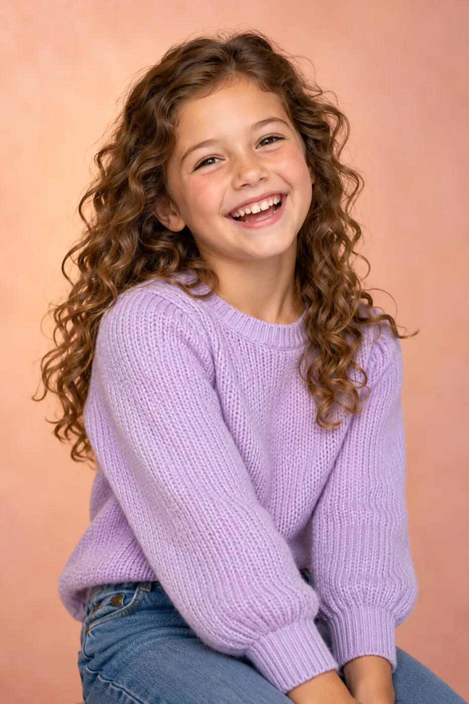 A girl in a lavender sweater laughing against a peach backdrop