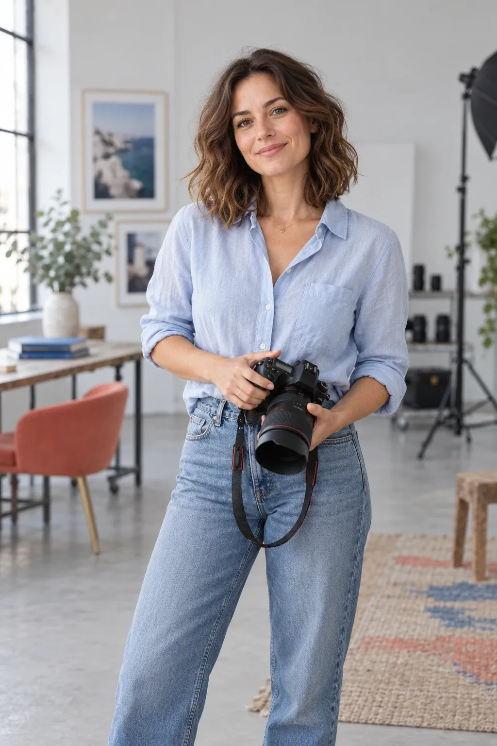 Photographer with a camera in a bright studio
