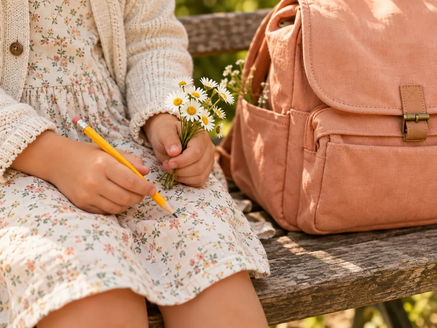 Children’s hands with daisies next to a school bag