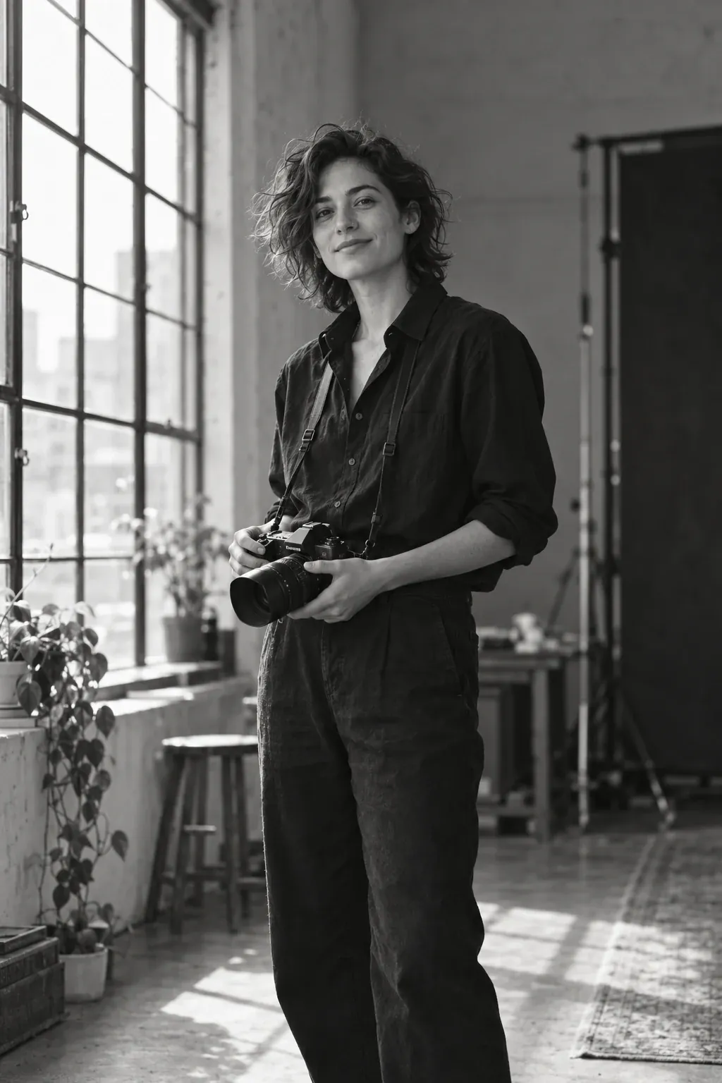 Photographer with camera at the studio window