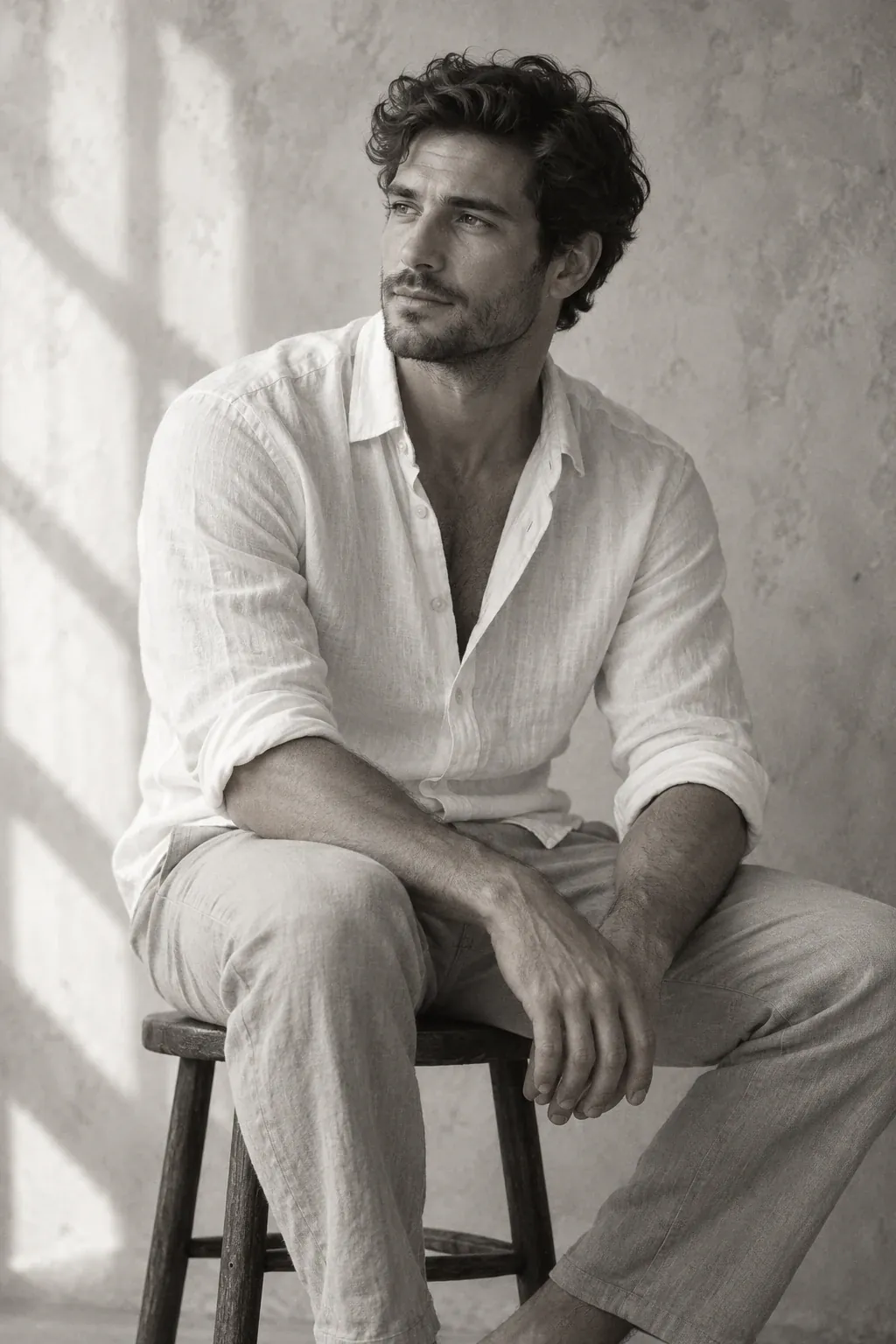 Seated man in the soft window light of a studio