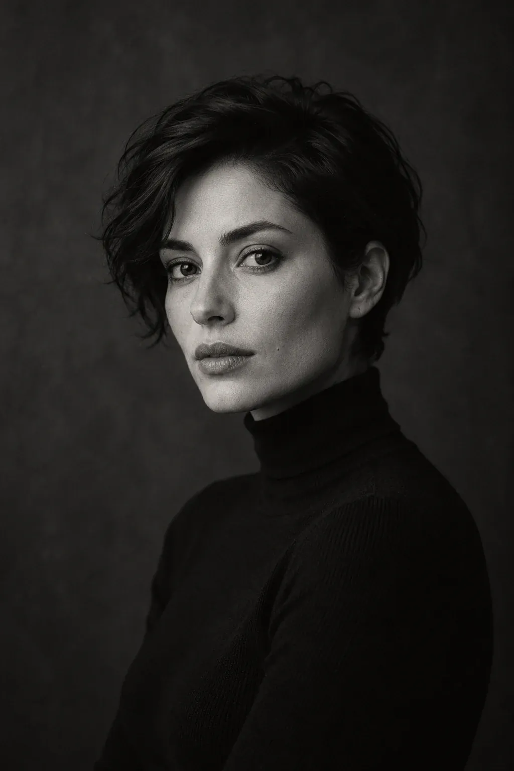 Black-and-white portrait of a woman in a dark turtleneck