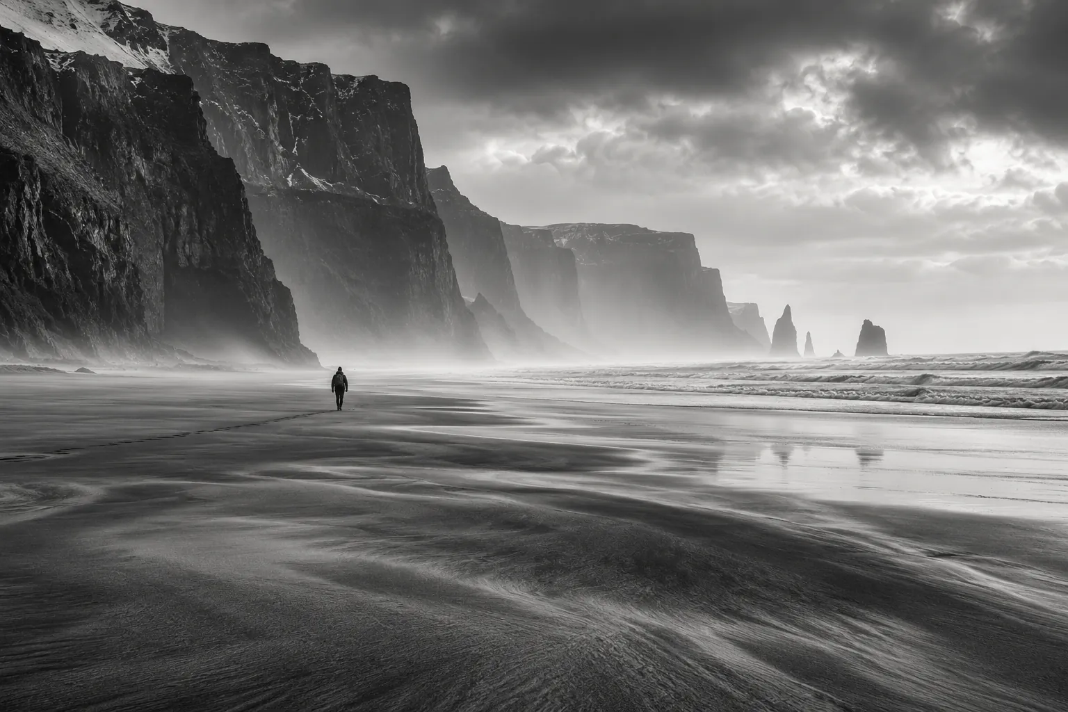 A lone figure on an expansive beach beneath coastal cliffs