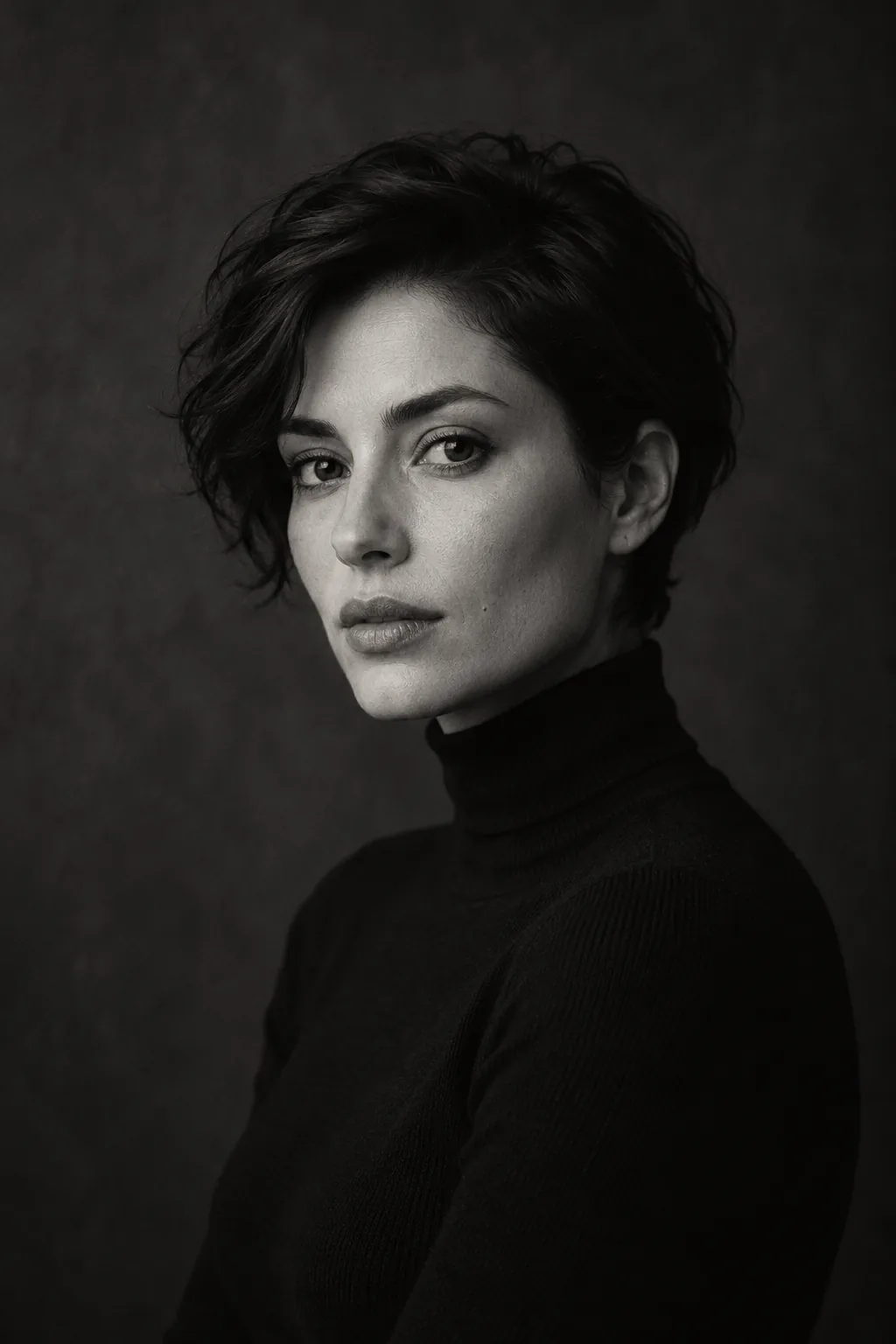 Black-and-white studio portrait of a woman in a dark turtleneck