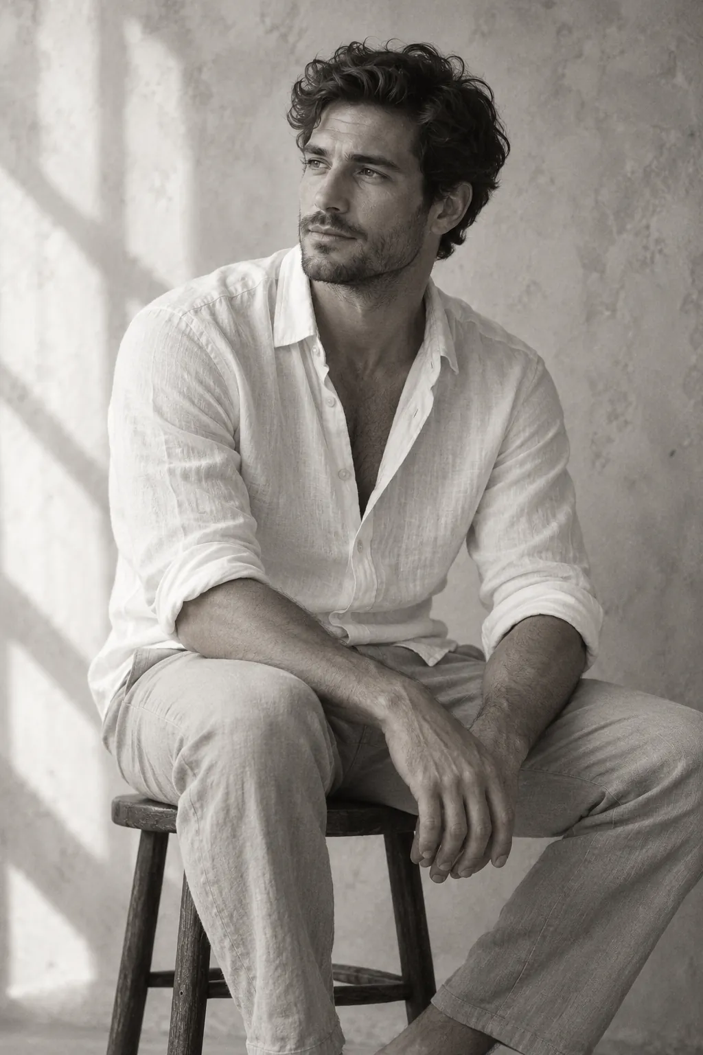 A seated man in soft studio window light