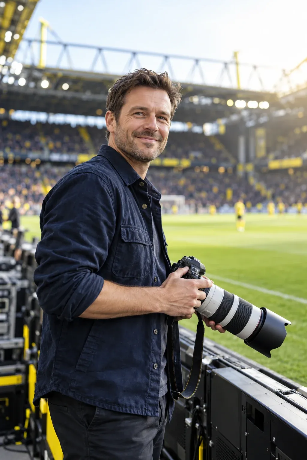 Sports photographer with a camera at the touchline