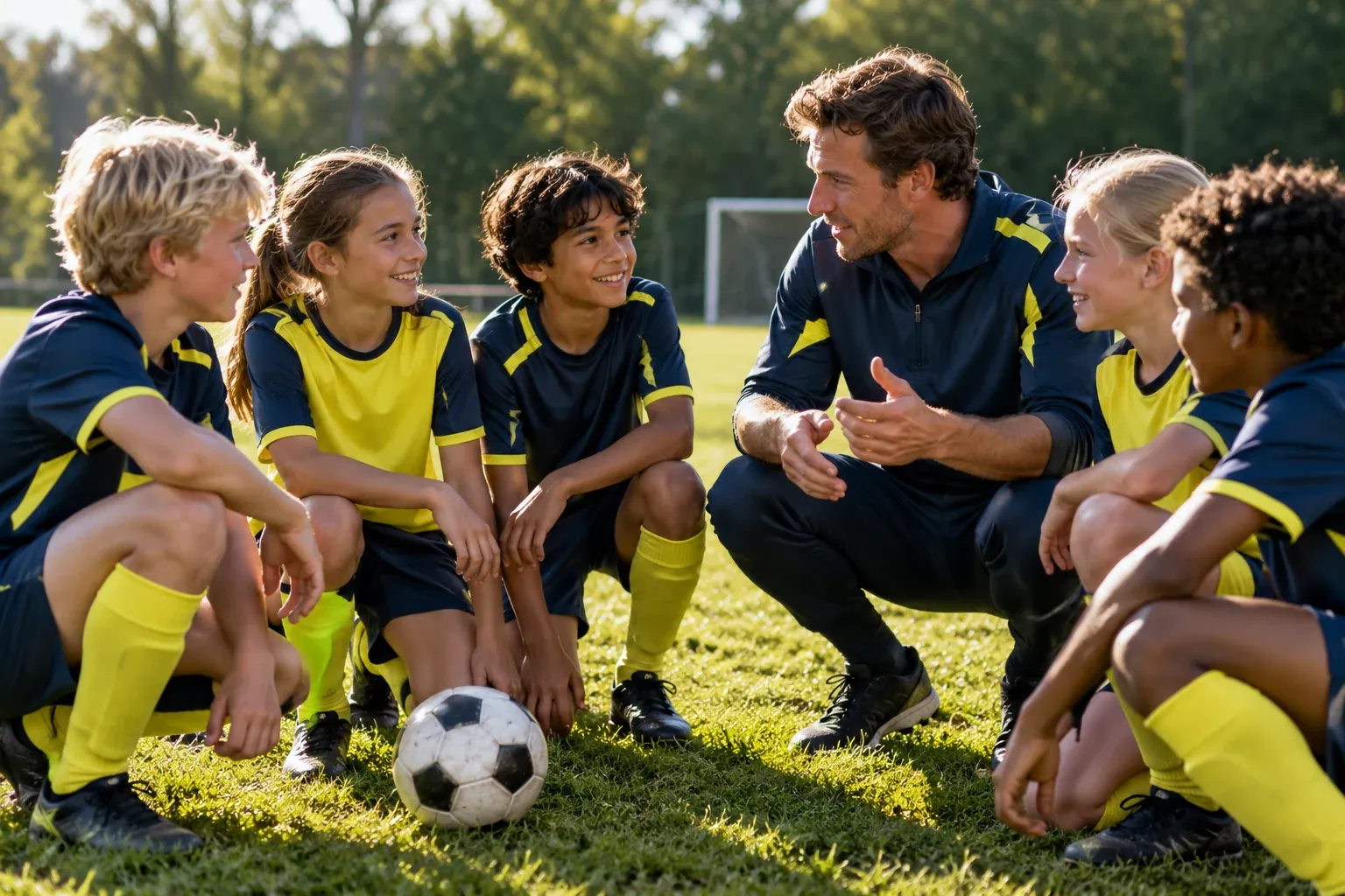 Youth team in a huddle with their coach
