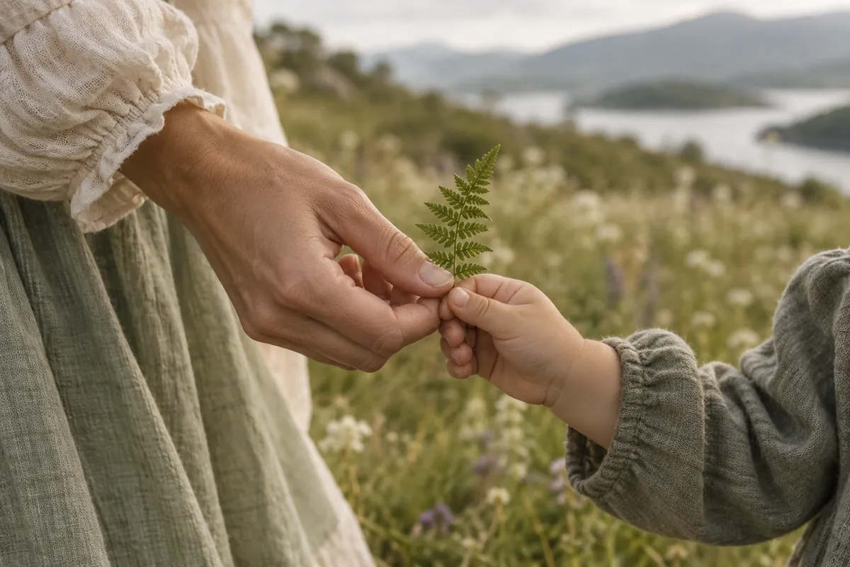 An adult and child holding a delicate fern frond together