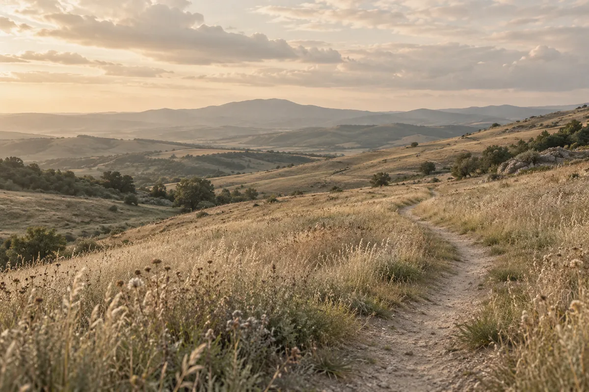 A winding path through open meadow and distant hills