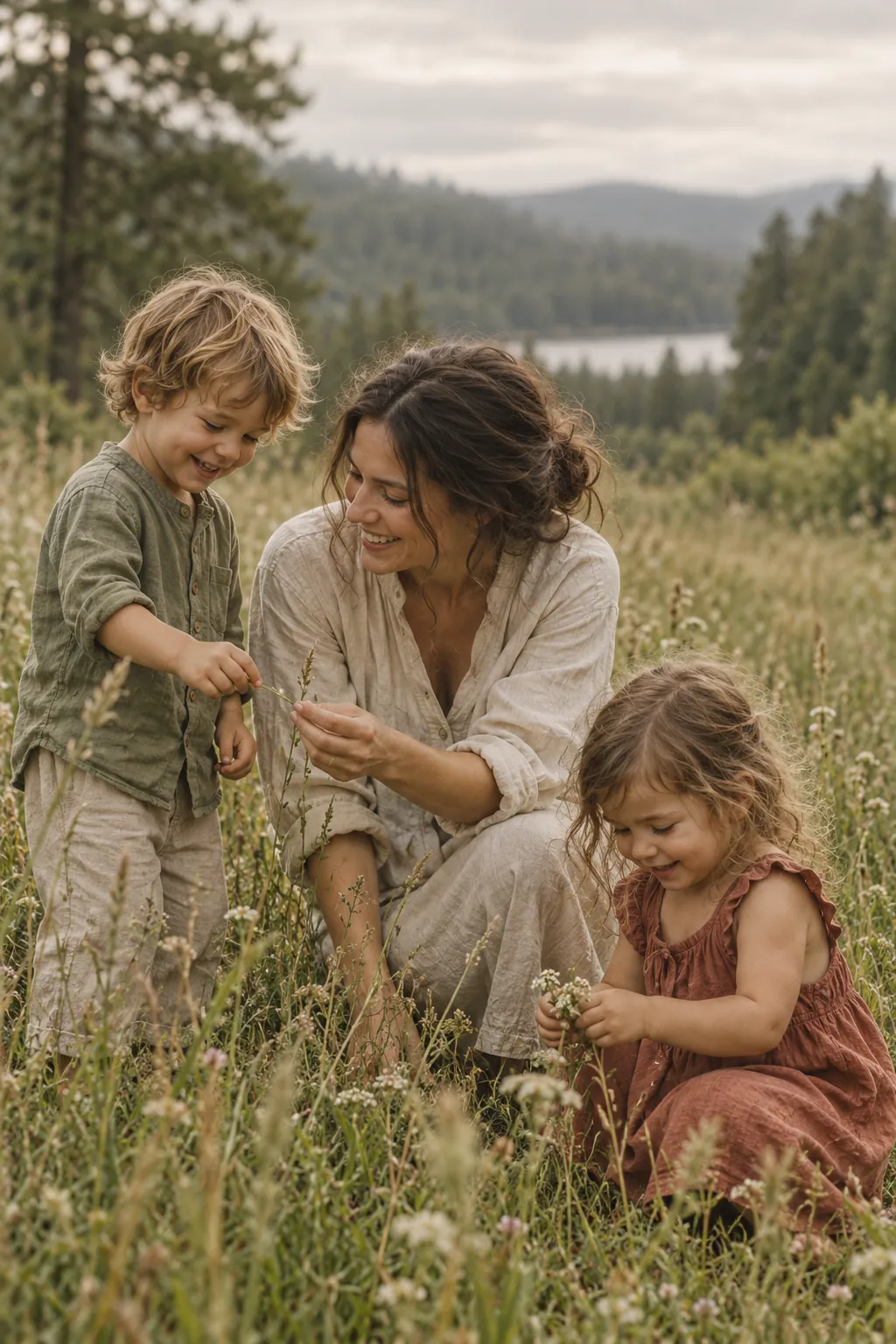 A parent and two children discovering grasses together
