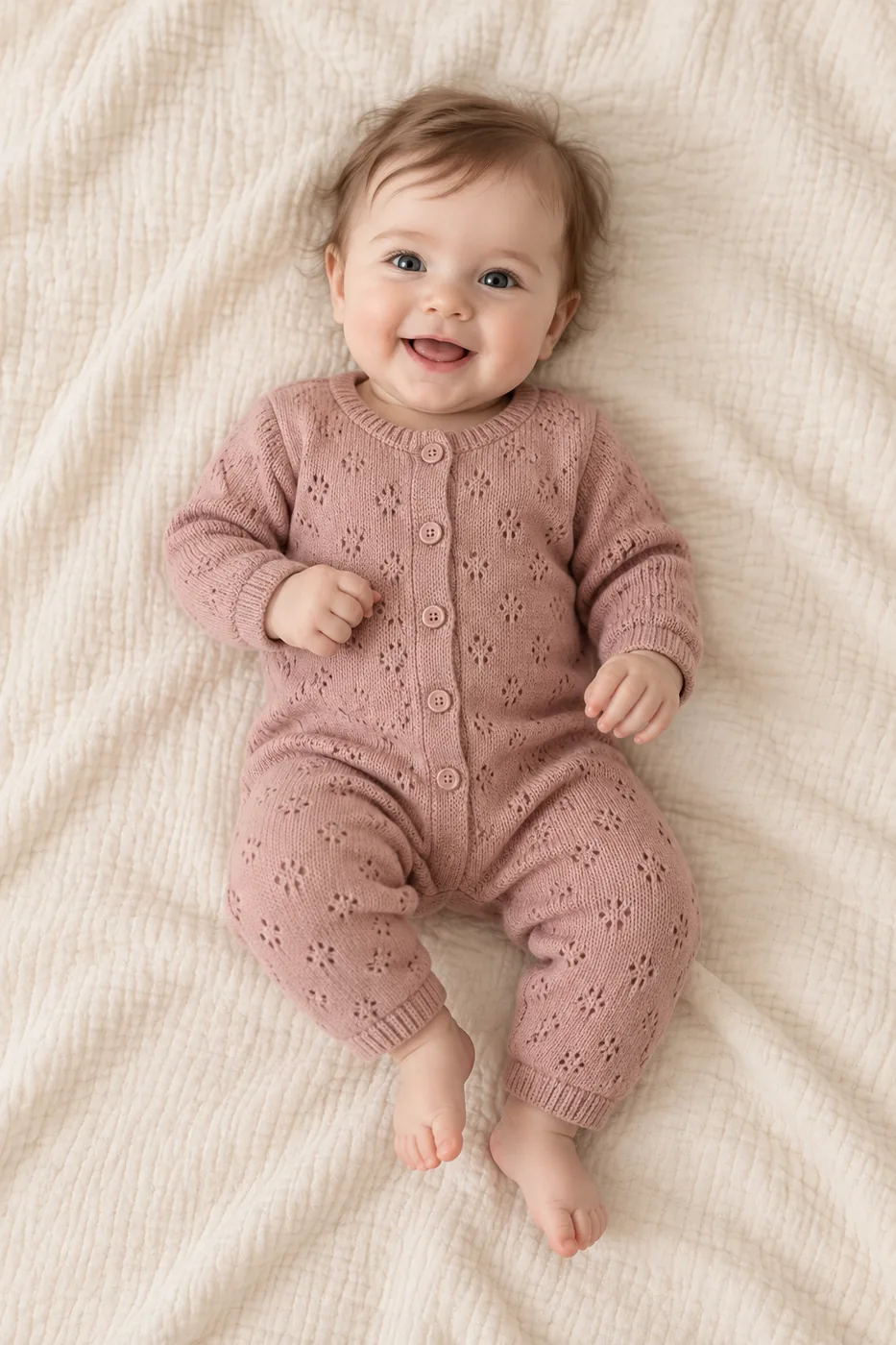 A smiling baby on a flat cream play mat